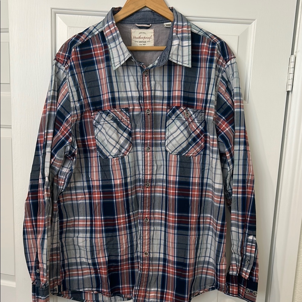 Weatherproof Vintage-Men's Plaid Shirt - Blue, Red, and White- 2XL